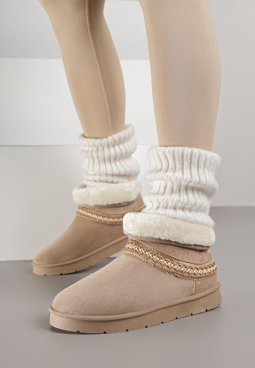 Ciemnobeżowe Rustykalne Śniegowce z Imitacji Zamszu z Haftem i Futerkiem Zetilda