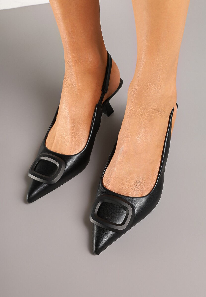 Czarne Sandały na Szpilce Kaczuszce Slingback z Geometryczną Aplikacją Melanoriel
