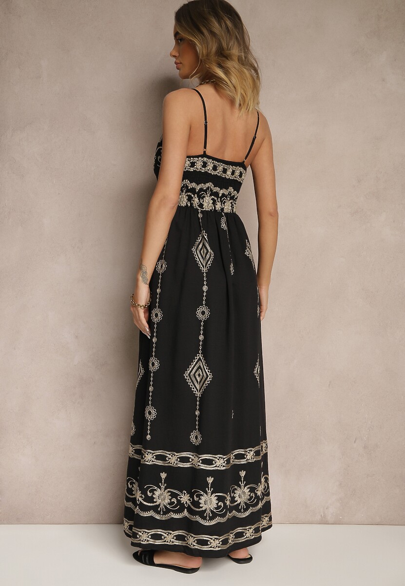 Czarna Wiskozowa Sukienka o Rozkloszowanym Kroju na Ramiączkach z Haftem Uloranelia