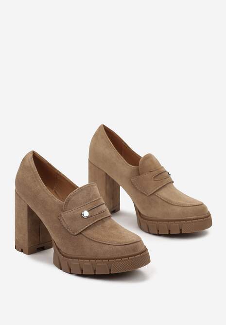 Ciemnobeżowe Półbuty na Słupku i Platformie Albreide