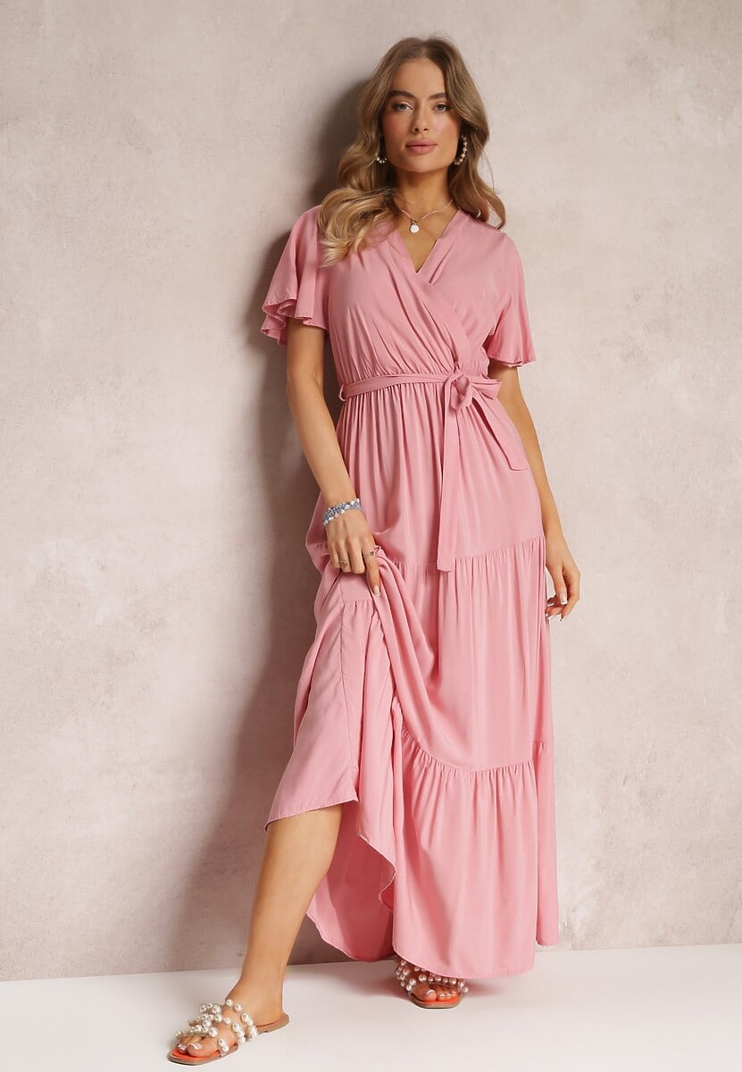 Różowa Rozkloszowana Sukienka z Falbanką i Wiązanym Paskiem Adotine