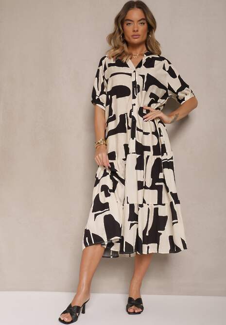 Czarna Sukienka z Wiskozy Ozdobiona Geometrycznym Motywem Filorea