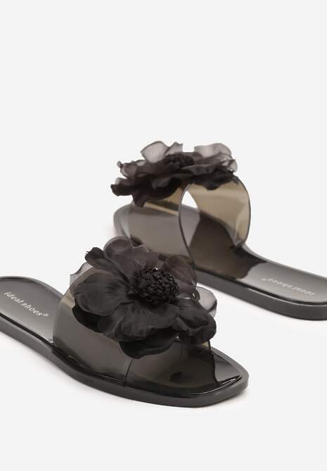 Czarne Klapki Ozdobione Cyrkoniami i Kwiatową Aplikacją 3D Luritte