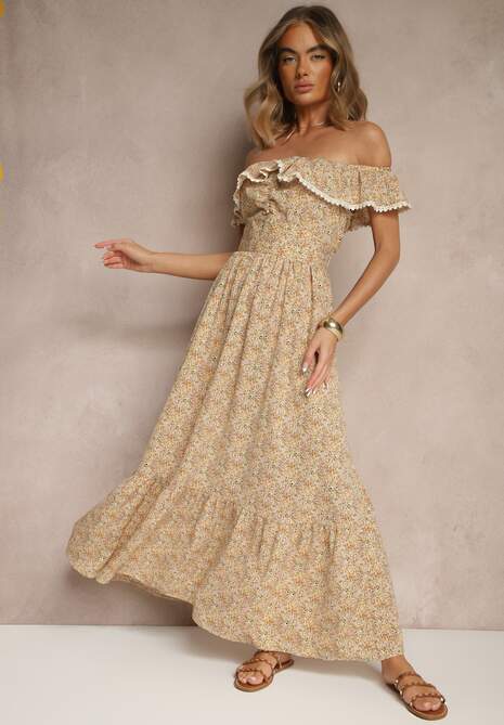 Żółta Sukienka z Ozdobnymi Falbankami Folanne