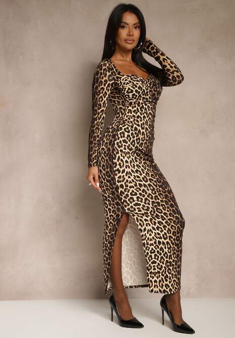 Brązowa Panterkowa Marszczona Sukienka o Dopasowanym Kroju z Ozdobnym Rozcięciem Selavira