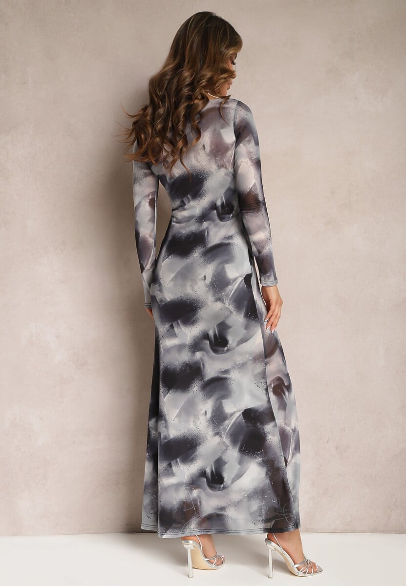 Czarno-Szara Siateczkowa Sukienka Maxi Ozdobiona Wzorem Tie-Dye Elthiwina