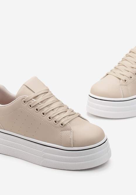 Beżowe Sznurowane Sneakersy  na Platformie z Ekoskóry z Przeszyciami Onurte