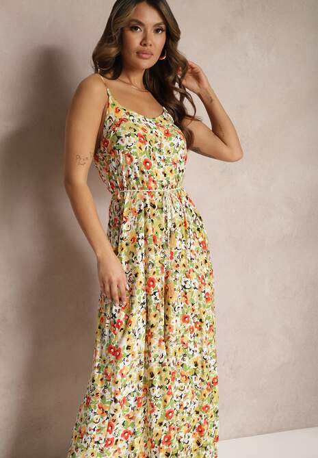 Zielono-Beżowy Kombinezon z Szerokimi Nogawkami w Kwiaty Wiązany na Ozdobny Sznurek Leliavia