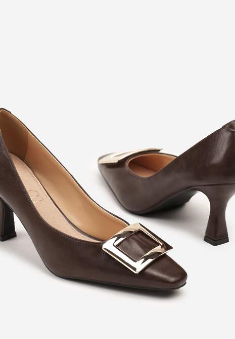 Brązowe Czółenka Vices ze Skórzaną Wkładką i Metaliczną Klamerką Berrine