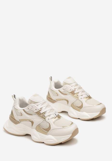 Beżowe Sneakersy ze Wstawkami Metalicznymi i Siateczką na Grubej Podeszwie Riliera