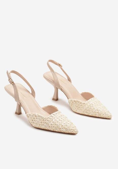 Beżowe Sandały na Szpilce Typu Slingback z Plecioną Cholewką Tatelana