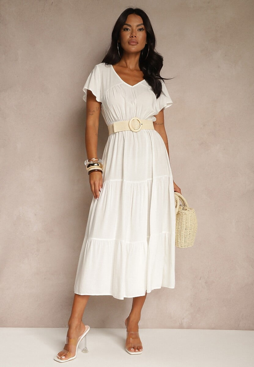 Czerwona Sukienka z Wiskozy o Rozkloszowanym Kroju z Falbanami Jonmy