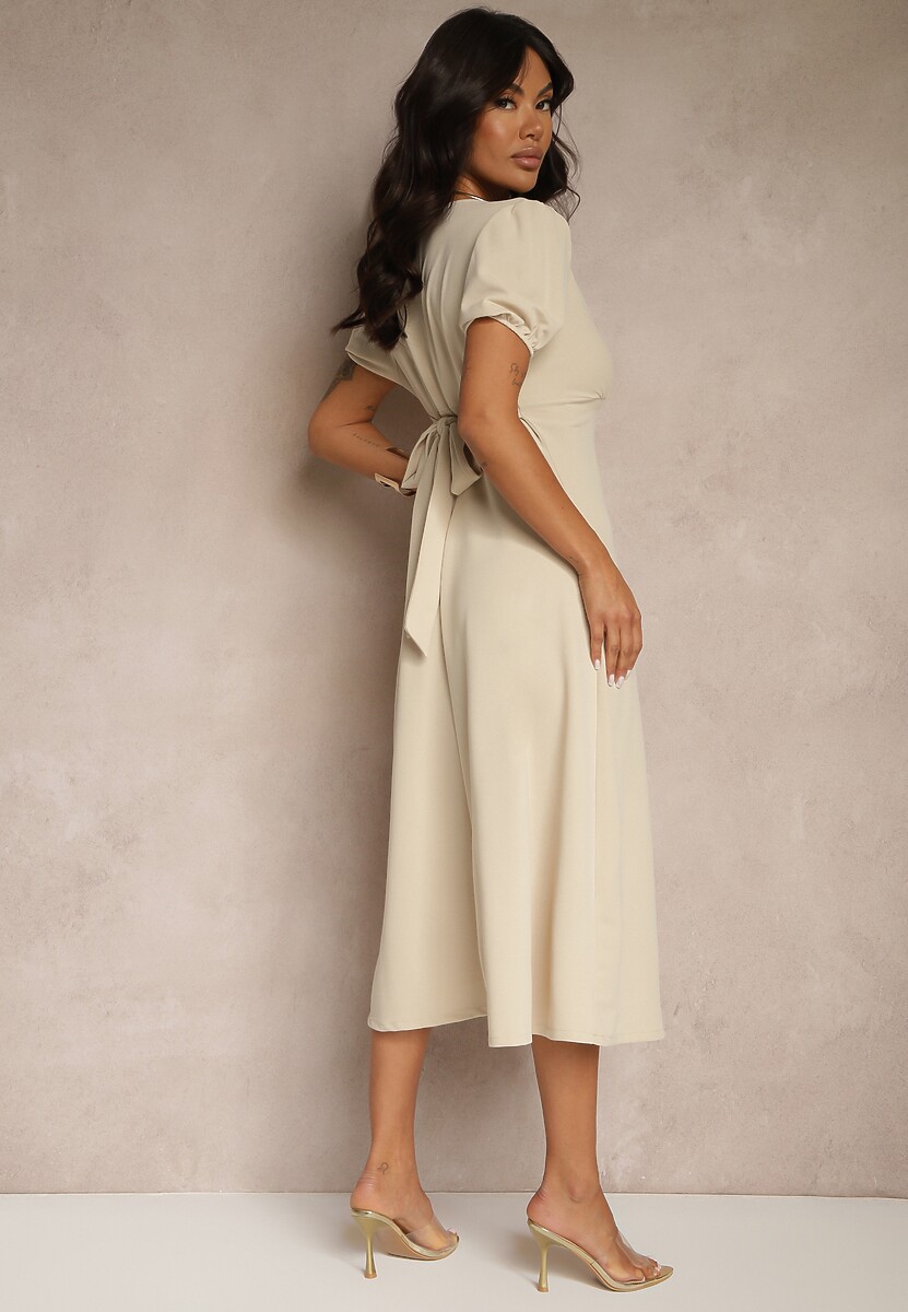 Beżowa Rozkloszowana Sukienka Koktajlowa Ozdobiona Wiązaniem Ziverine