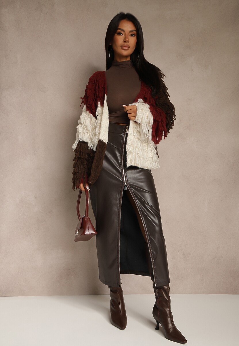 Bordowy Kardigan Bez Zapięć z Domieszką Wełny Zdobiony Imitacją Piór Lanitia