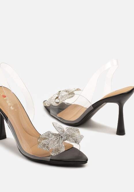 Czarne Sandały Szpilki Transparentne ze Świecącą Aplikacją na Nosku Efanelina