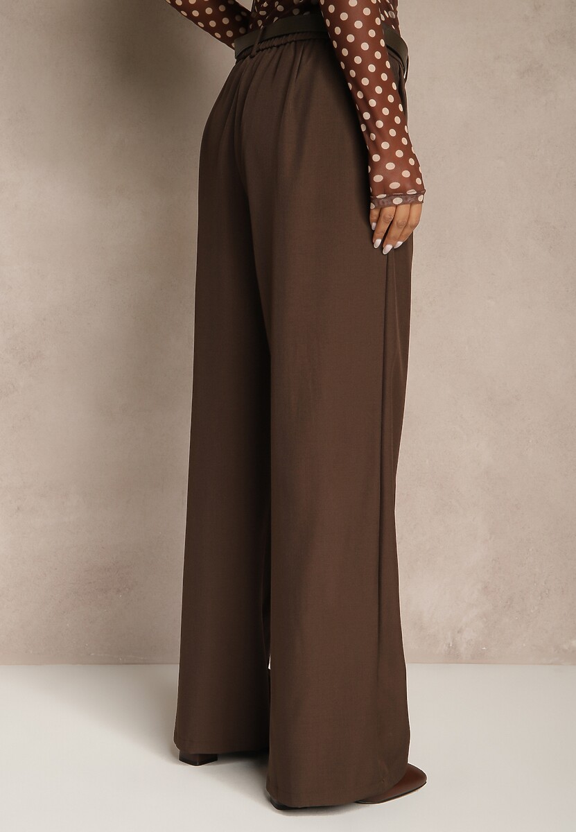 Brązowe Szerokie Spodnie Garniturowe z Paskiem ze Sprzączką Muszelką Salanva