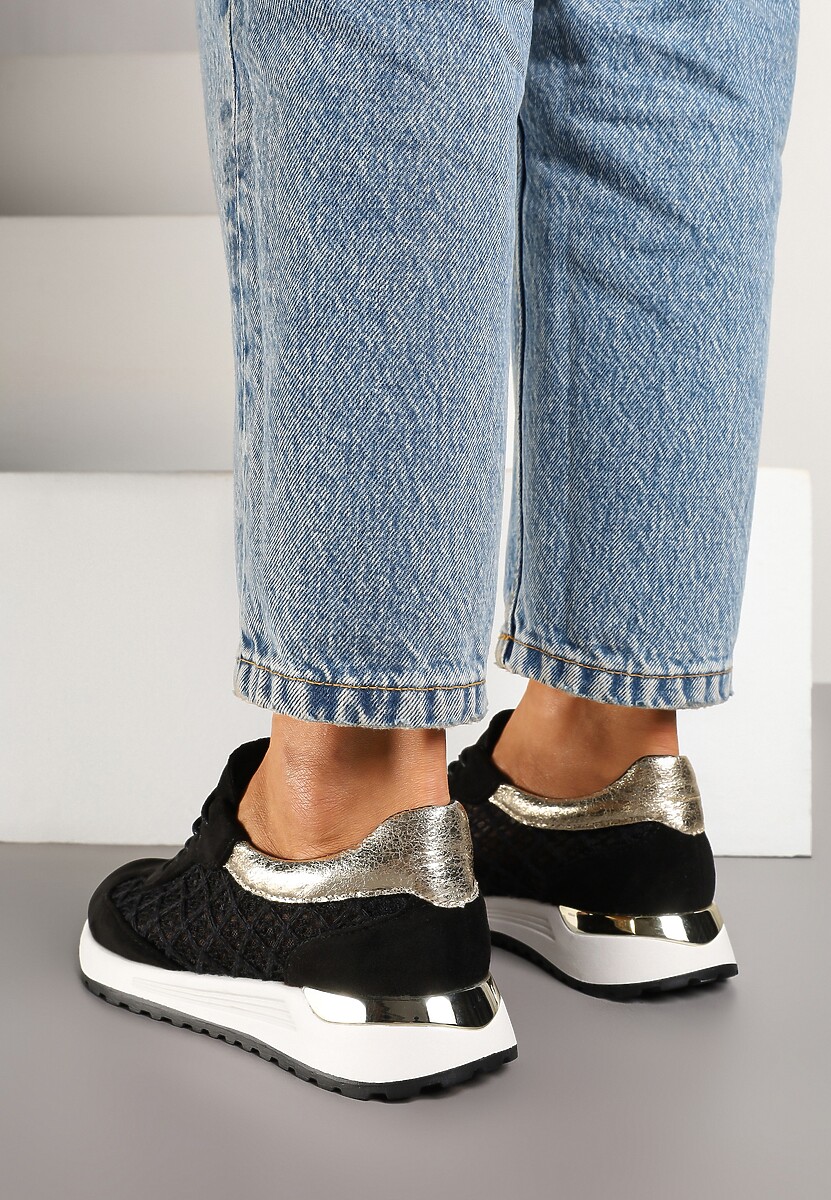 Czarne Ażurowe Sneakersy na Podeszwie z Metaliczną Wstawką Neomira