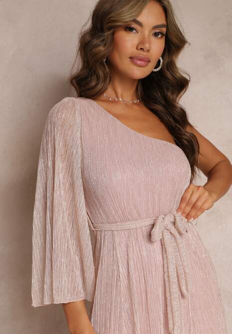 Ciemnoróżowa Asymetryczna Sukienka Maxi z Gumką i Wiązanym Paskiem w Talii Saminta