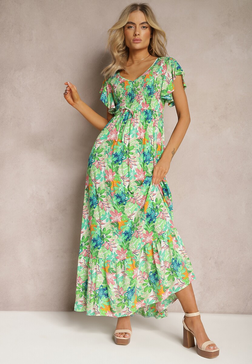 Zielona Długa Sukienka w Kwiaty z Gumką w Pasie Liumbia