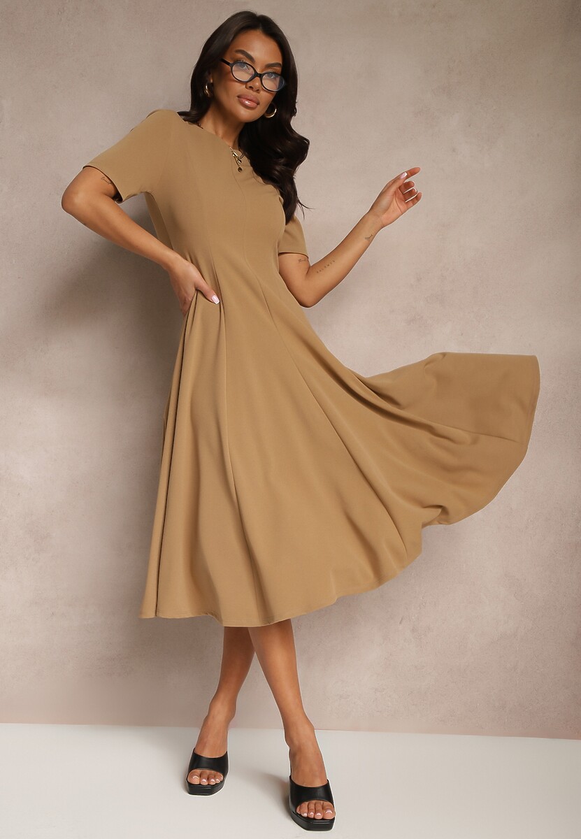 Ciemnobeżowa Sukienka Rozkloszowana o Taliowanym Fasonie Telaswena