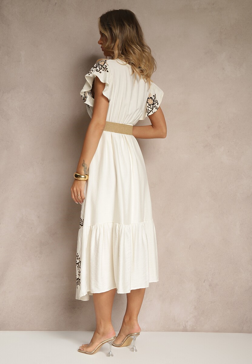 Biało-Czarna Kopertowa Sukienka z Wiskozy Ozdobiona Haftem i Paskiem Nilatea