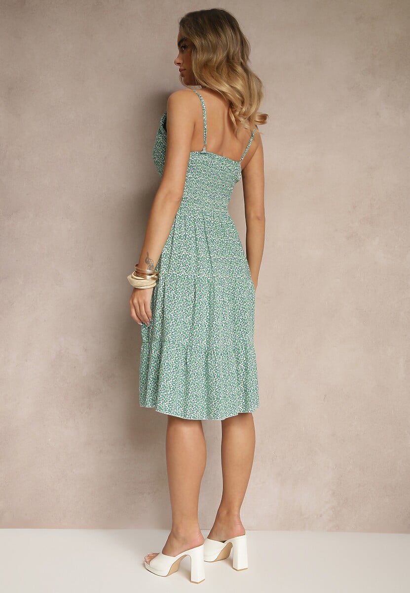 Zielona Rozkloszowana Sukienka na Ramiączkach z Bawełny w Kwiatowy Print Miralessa