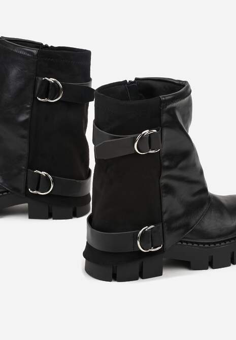 Czarne Botki na Platformie z Wywiniętą Cholewką i Paskami ze Sprzączkami Zevrina