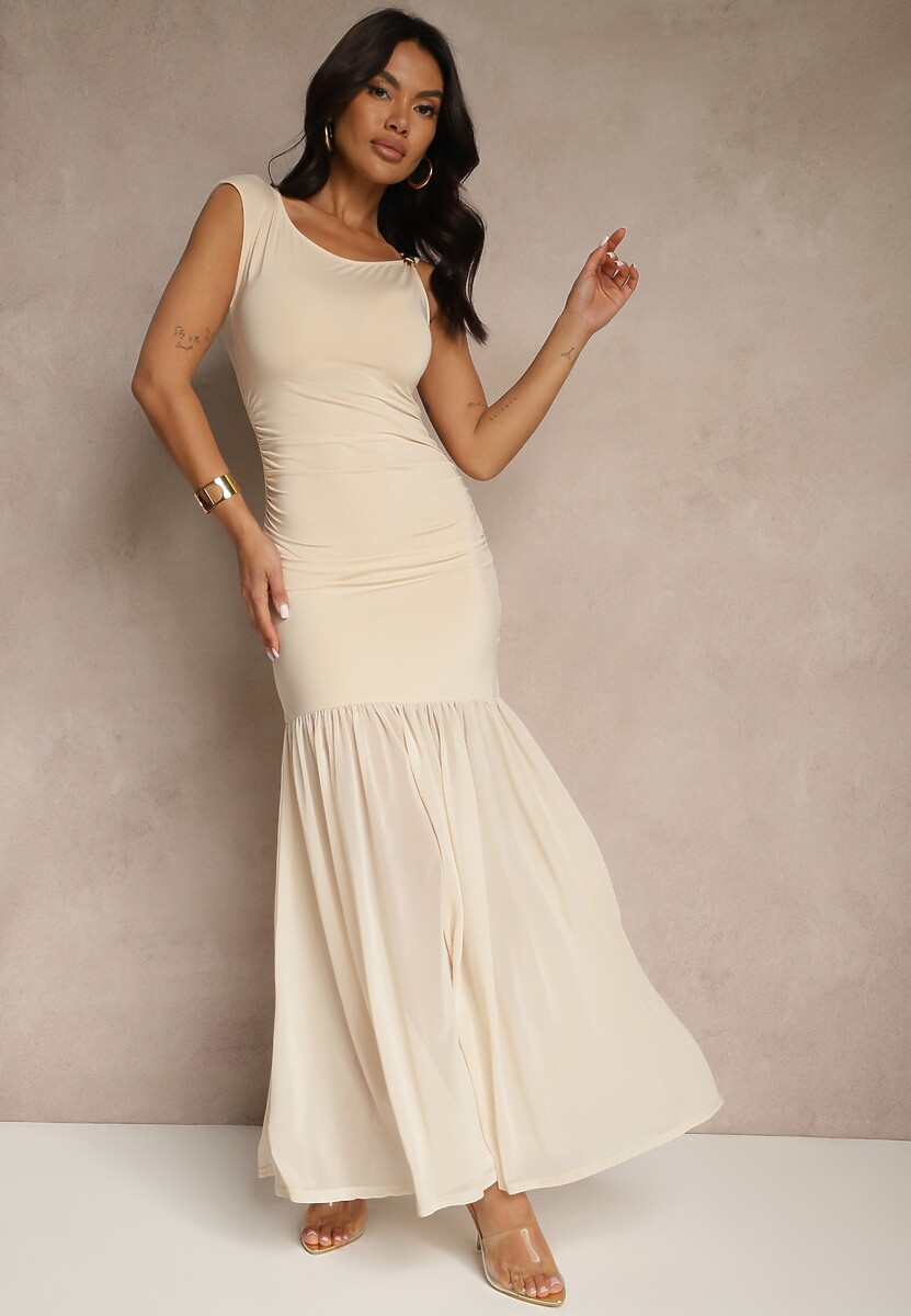 Beżowa Sukienka Koktajlowa z Wiskozą i Marszczeniem Galoriella