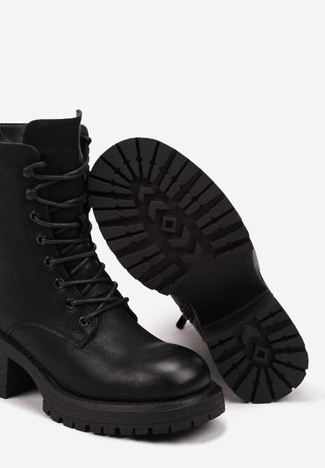 Czarne Sznurowane Botki Workery na Słupku z Ociepleniem Ciabella