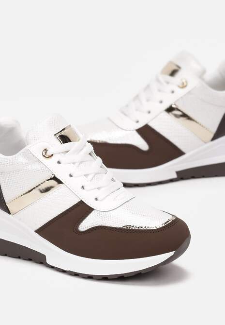 Biało-Brązowe Sznurowane Sneakersy z Ozdobnymi Wstawkami i Koturnem Zharo