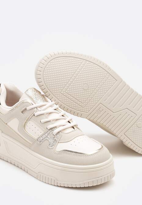 Beżowe Sneakersy na Tłoczonej Platformie z Geometrycznym Motywem Eloneo