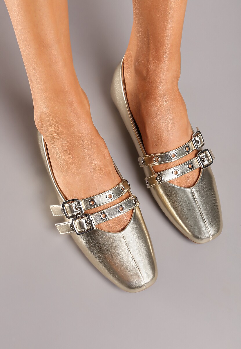 Złote Balerinki na Płaskiej Podeszwie Ozdobione Paskami z Regulacją Moradea