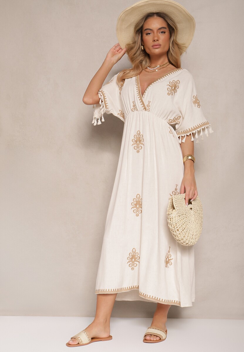 Beżowa Kopertowa Sukienka z Lnu i Wiskozy Zdobiona Haftem i Wiązaniem Deselira