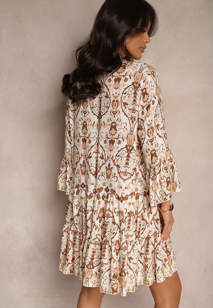 Brązowa Sukienka z Wiskozą o Rozkloszowanym Kroju w Etniczny Print Aledia