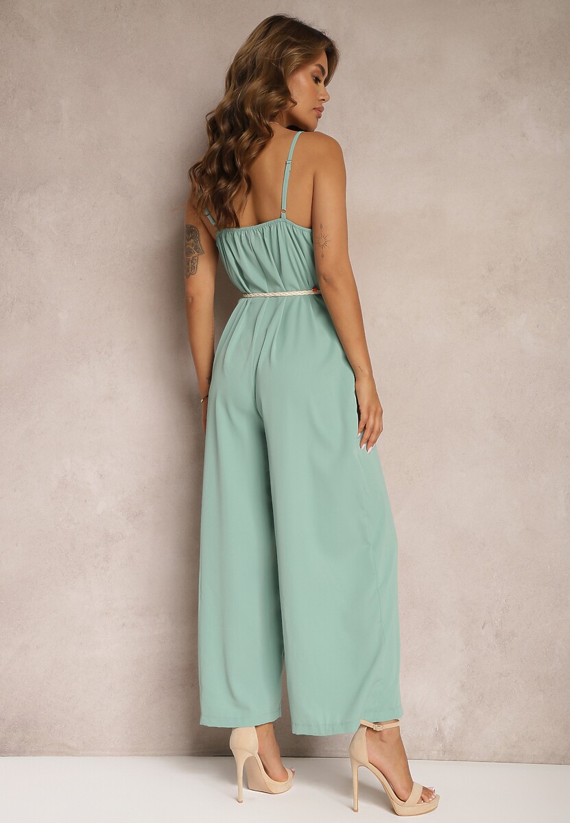 Zielony Kombinezon z Regulowanymi Ramiączkami Wiązany w Talii bez Ramiączek Juletta