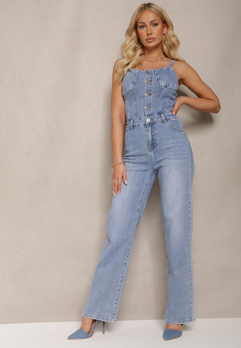 Niebieski Bawełniany Kombinezon Jeansowy z Prostymi Nogawkami na Ramiączkach Naslwen