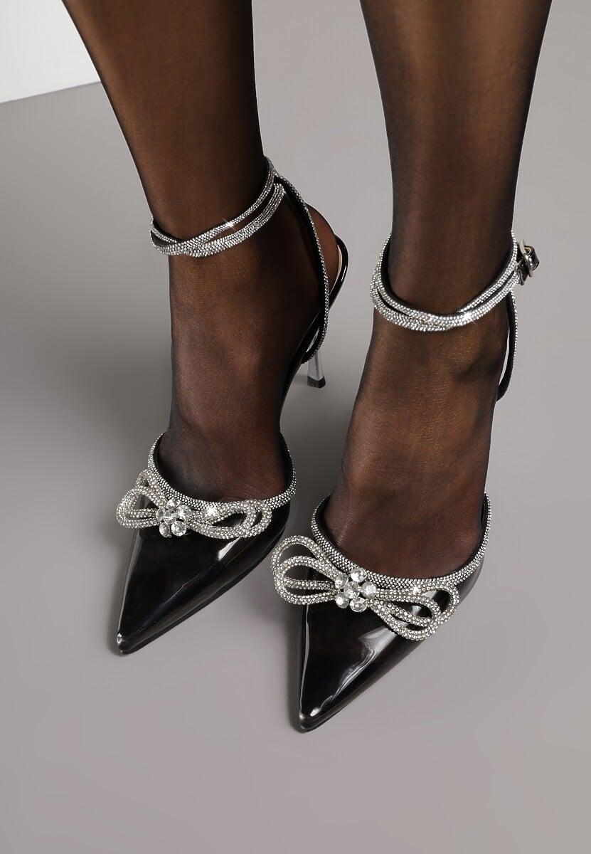 Czarne Transparentne Sandały na Szpilce z Cienkimi Paskami z Cyrkoniami Peppis