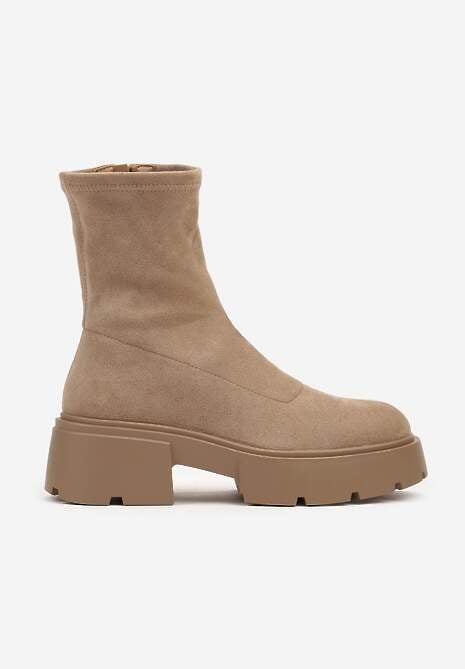 Ciemnobeżowe Botki na Platformie z Dopasowaną Cholewką Tinor