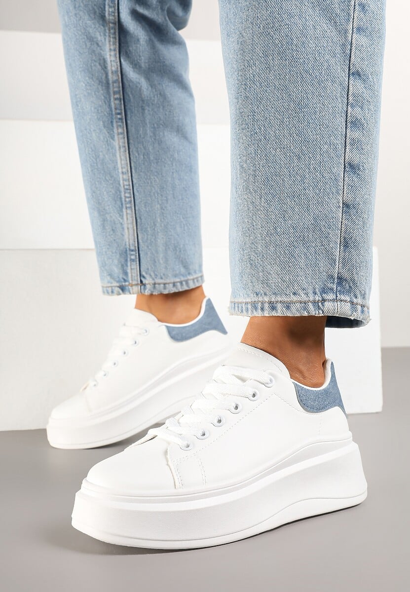 Biało-Niebieskie Sznurowane Sneakersy na Niskiej Platformie z Imitacji Skóry Ajanfa