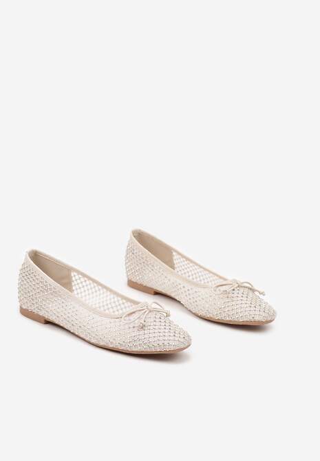 Beżowe Siateczkowe Balerinki z Delikatnymi Cyrkoniami i Kokardką Senirithra