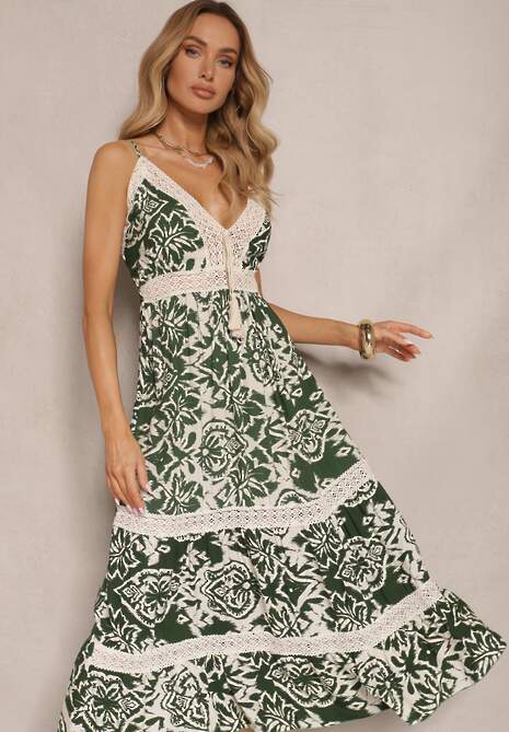 Zielona Sukienka z Bawełny o Rozkloszowanym Kroju w Etniczny Print Taliraya