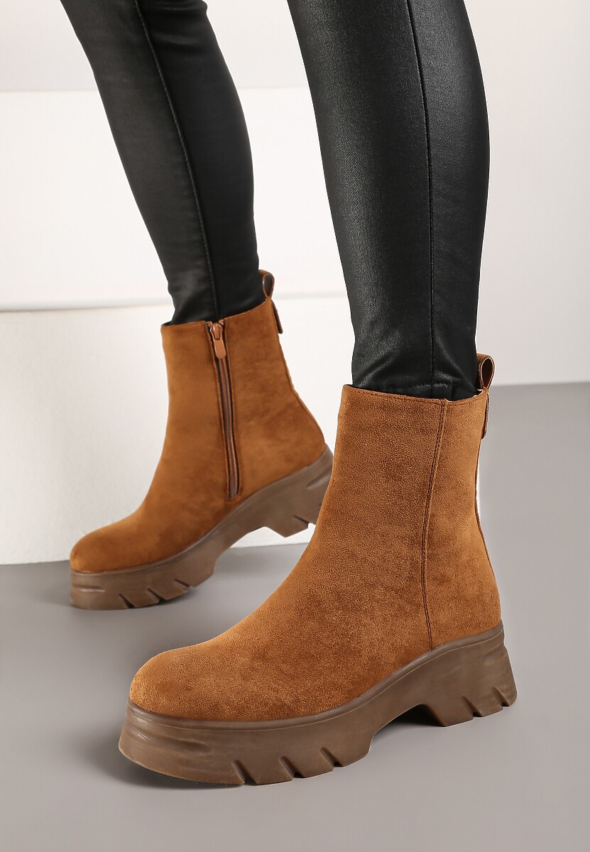 Brązowe Casualowe Botki z Ekozamszu na Platformie Naolara