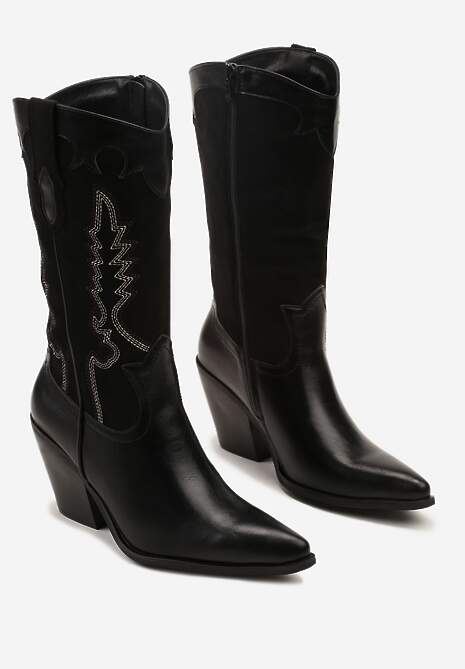 Czarne Botki Typu Kowbojki na Stożku z Haftowaną Cholewką Nalaveia