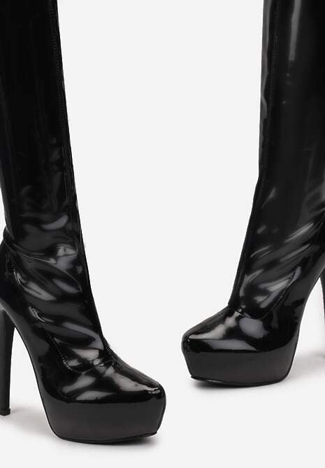 Czarne Kozaki z Lakierowanej Ekoskóry za Kolano na Szpilce i Platformie Verca