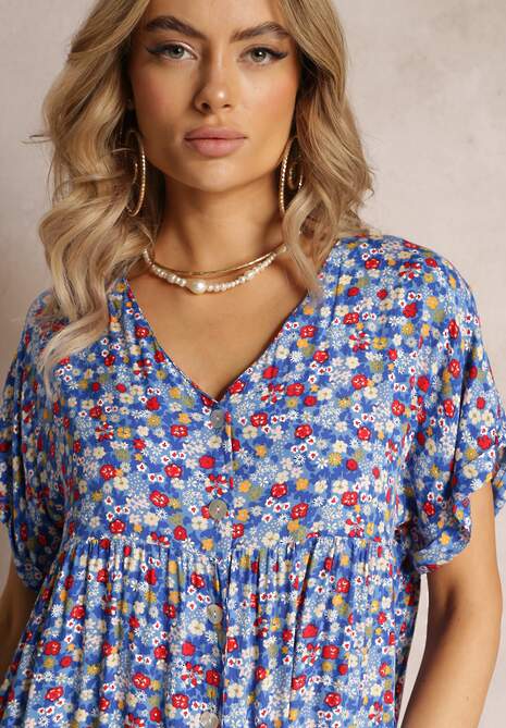 Niebieska Rozkloszowana Sukienka z Falbanką Passona