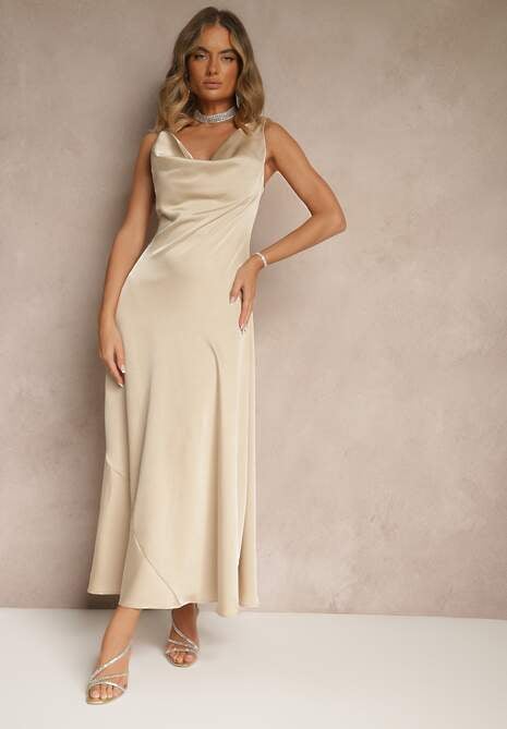 Beżowa Taliowana Sukienka Vices Wiązana przy Karku Zinvea