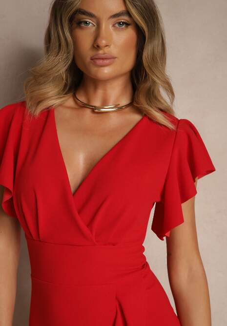 Czerwona Kopertowa Sukienka z Trójkątnym Dekoltem i Falbankami Holana
