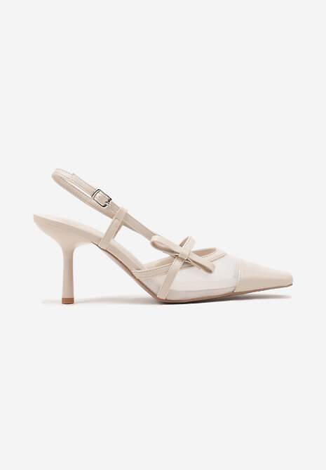 Beżowe Czółenka na Szpilce Typu Slingback z Siateczkową Cholewką Asdexia