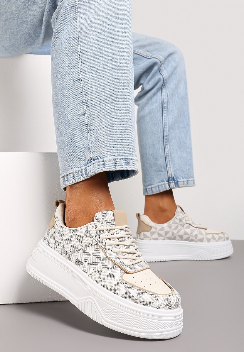 Biało-Szare Sneakersy na Platformie z Geometrycznym Wzorem Xyphera