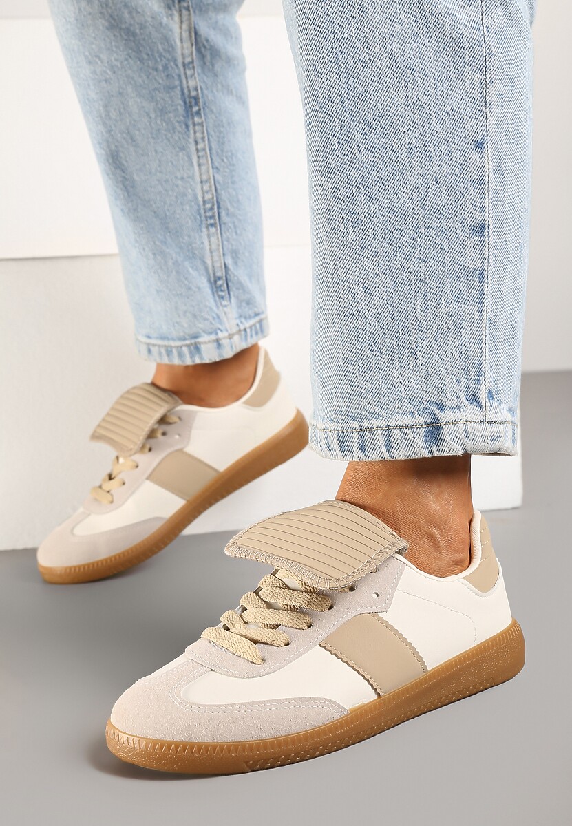 Beżowe Sznurowane Płaskie Sneakersy z Geometrycznym Wzorem Felilva
